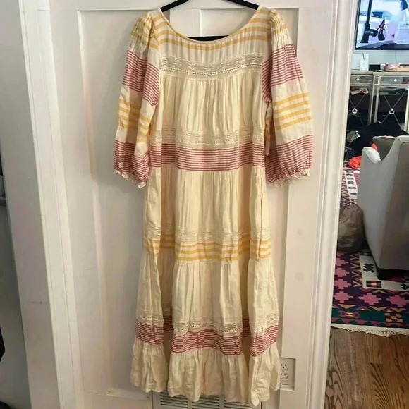 Sundance Cara Belle Tiered Midi Dress SZ Medium Gauzy Mixed Stripe - Picture 6 of 8